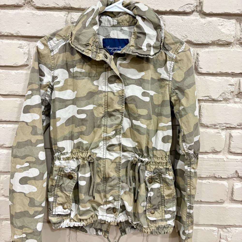 American Eagle Camo Jacket Womens XS Green Tan Hooded Military Field Coat